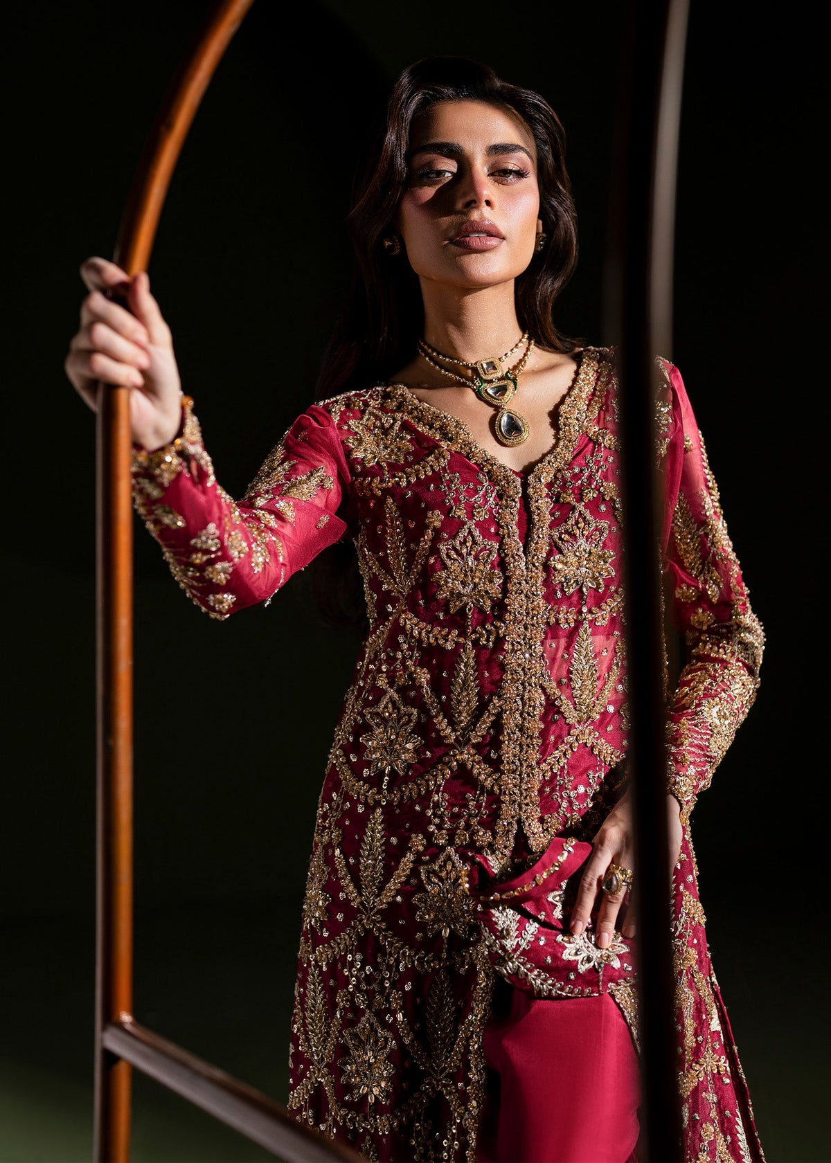 Luxe ruby red shirt suit, reference outfit photograph 10 — Made by Mairaz reproduction