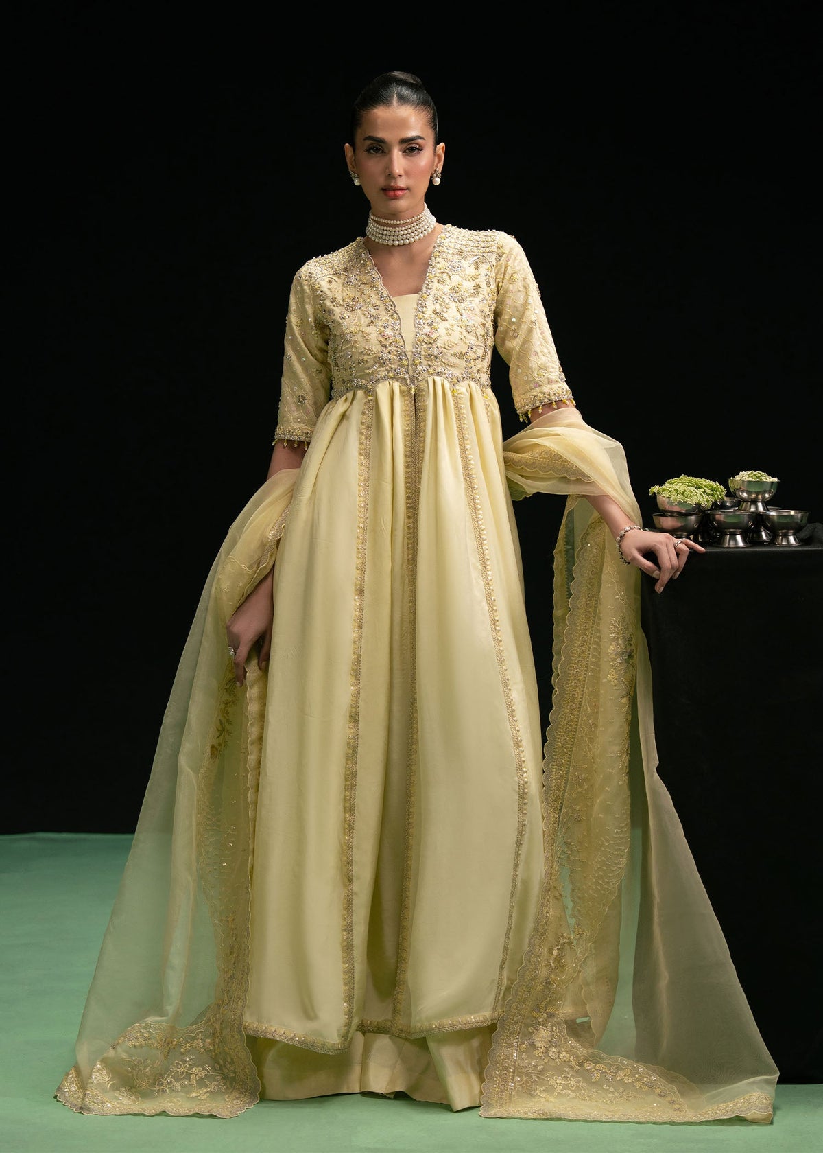 Maelys butter yellow open gown, reference outfit photograph 1 — Made by Mairaz reproduction