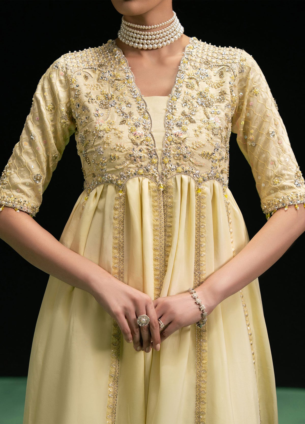 Maelys butter yellow open gown, reference outfit photograph 2 — Made by Mairaz reproduction