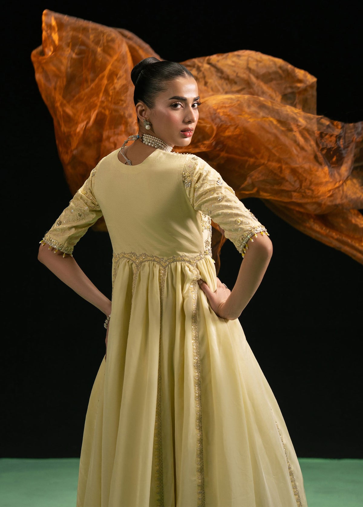 Maelys butter yellow open gown, reference outfit photograph 3 — Made by Mairaz reproduction