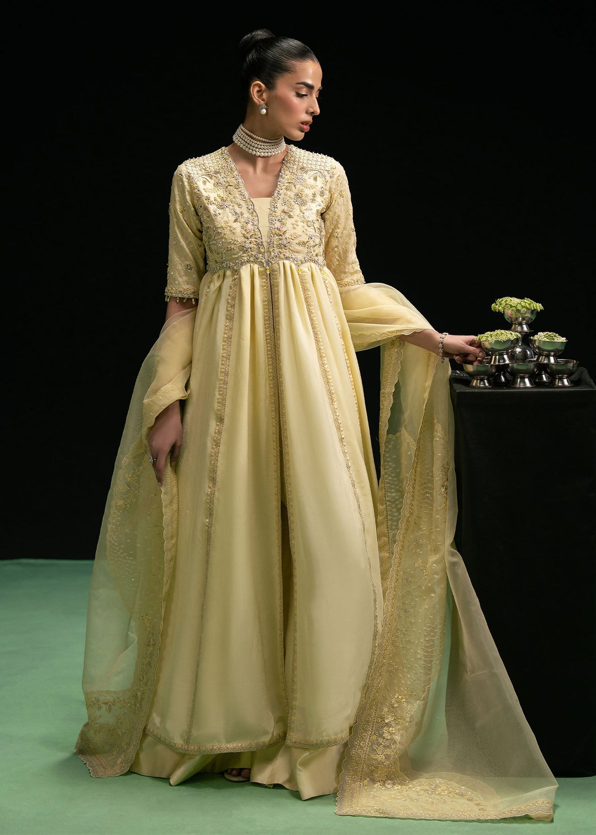 Maelys butter yellow open gown, reference outfit photograph 4 — Made by Mairaz reproduction