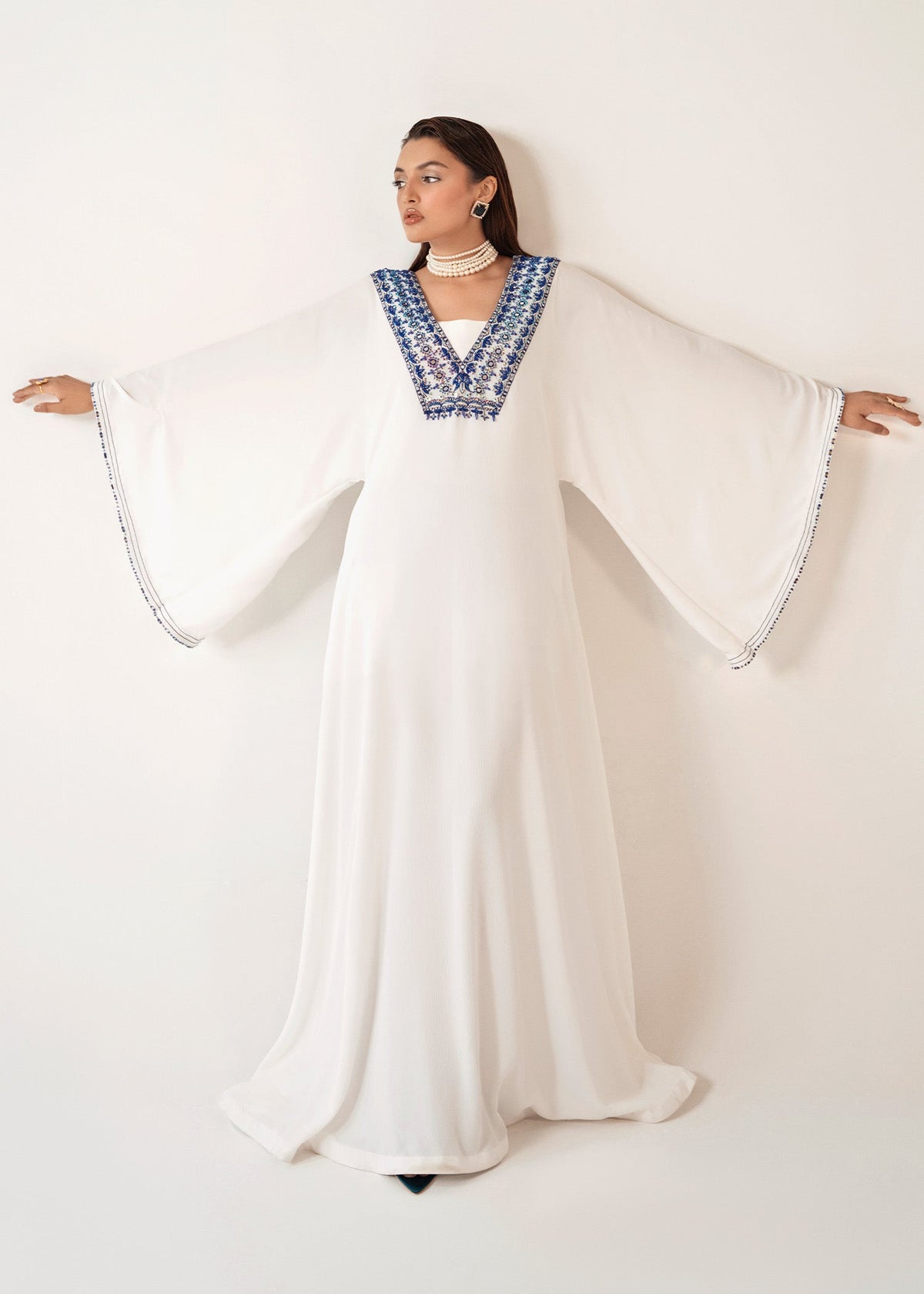Marshmallow ash white kaftan, reference outfit photograph 2 — Made by Mairaz reproduction
