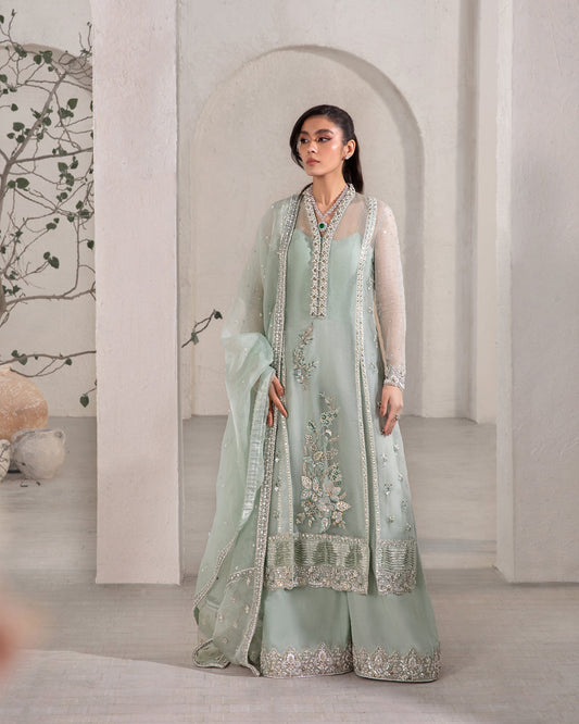 Marvela, made by MAIRAZ — full-length front view of the ice-blue organza shirt, flared pants and dupatta