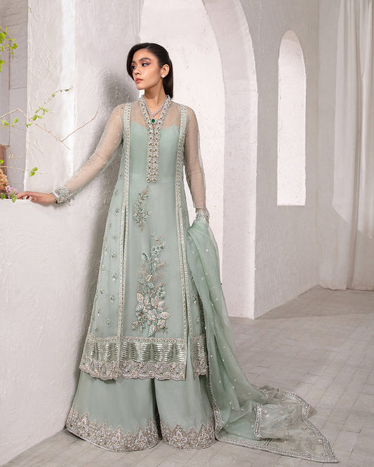 Marvela, made by MAIRAZ — full-length angled view showing the flared trousers and spread dupatta