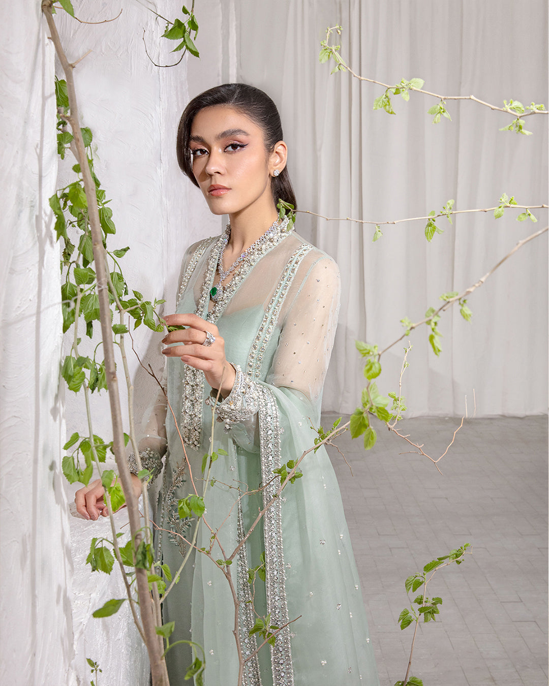 Marvela, made by MAIRAZ — portrait detail showing the embellished neckline, sleeves and dupatta