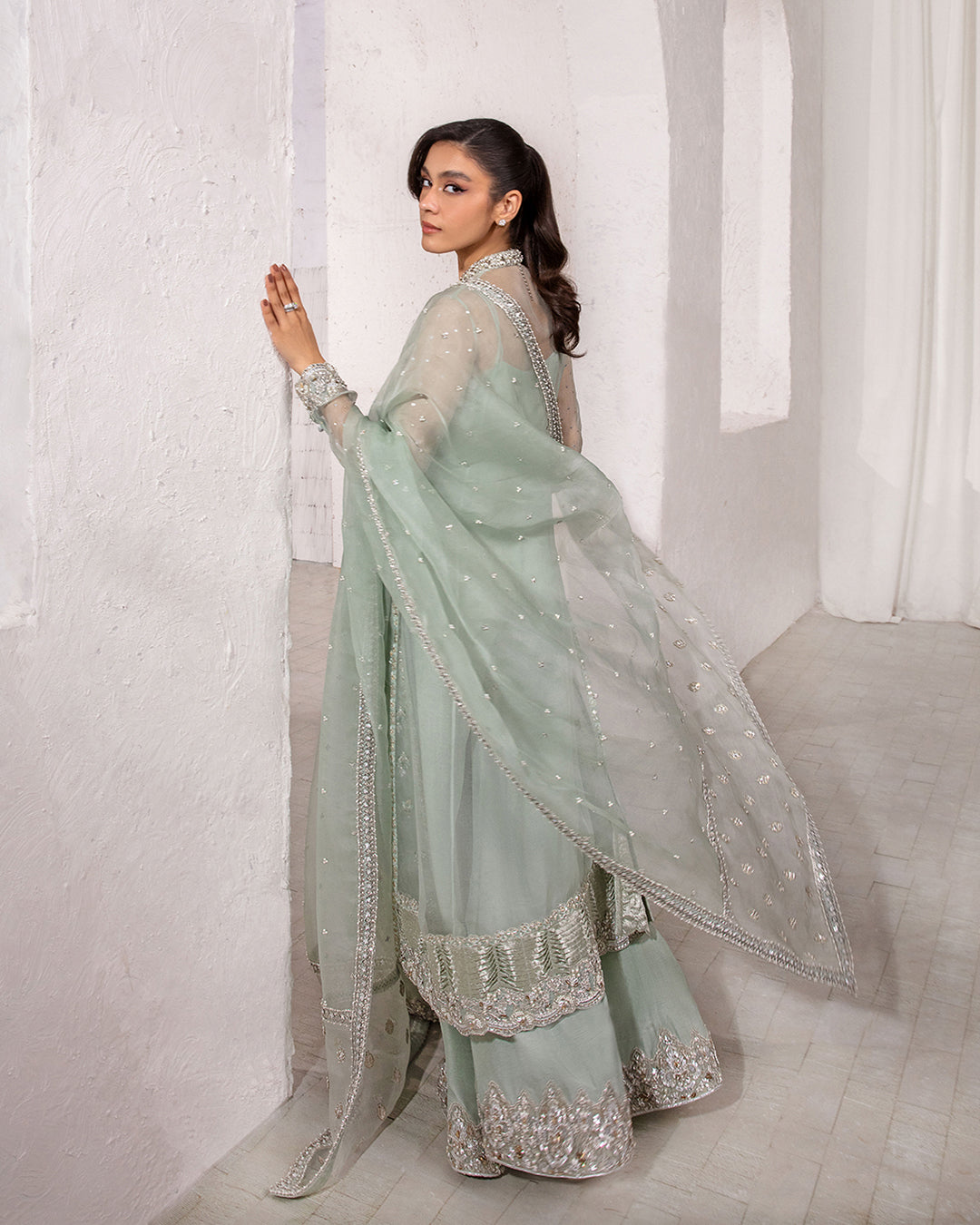 Marvela, made by MAIRAZ — back and side view showing the organza shirt and draped dupatta