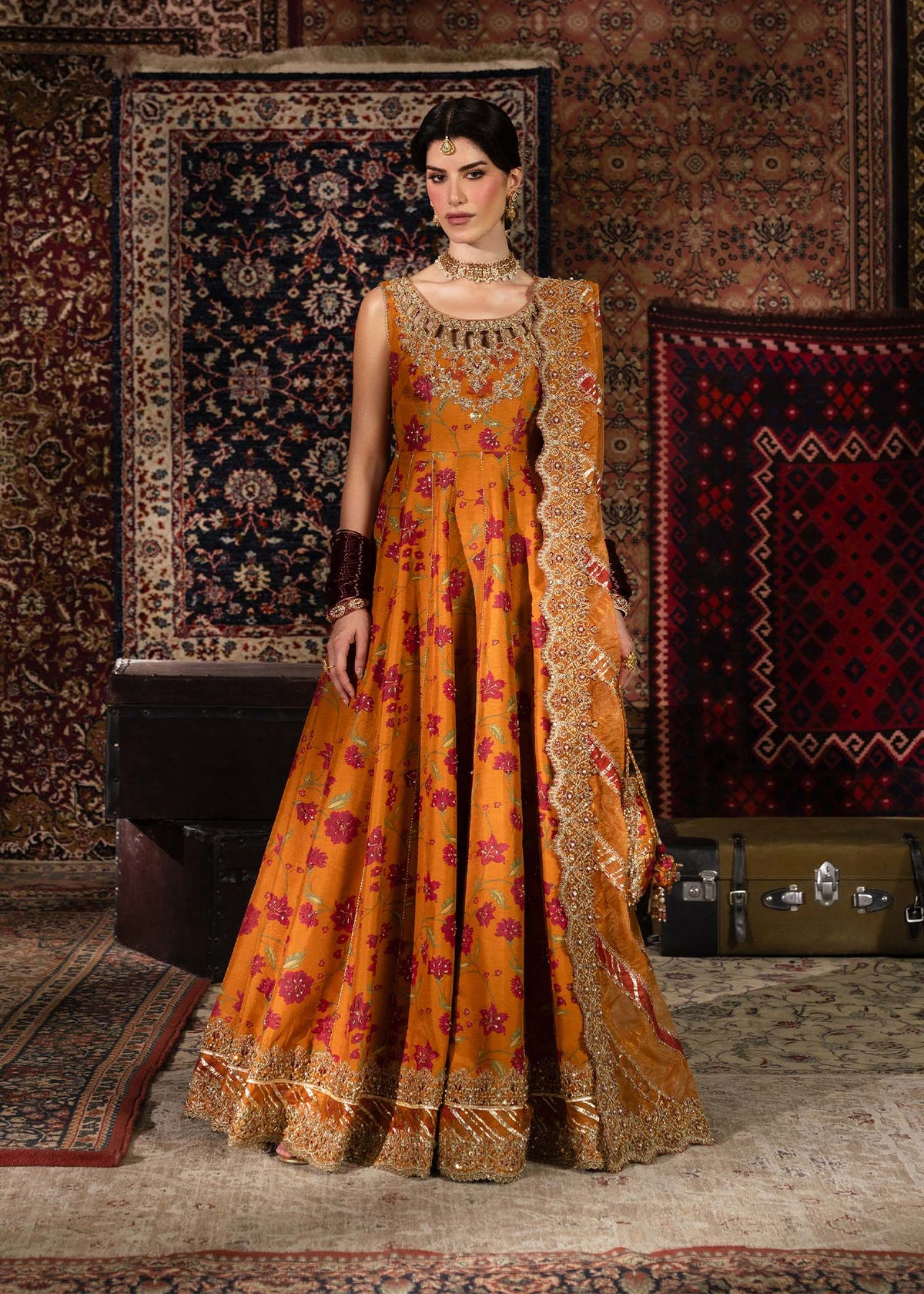 Mehr, made by MAIRAZ — rust pishwas, full-length front view