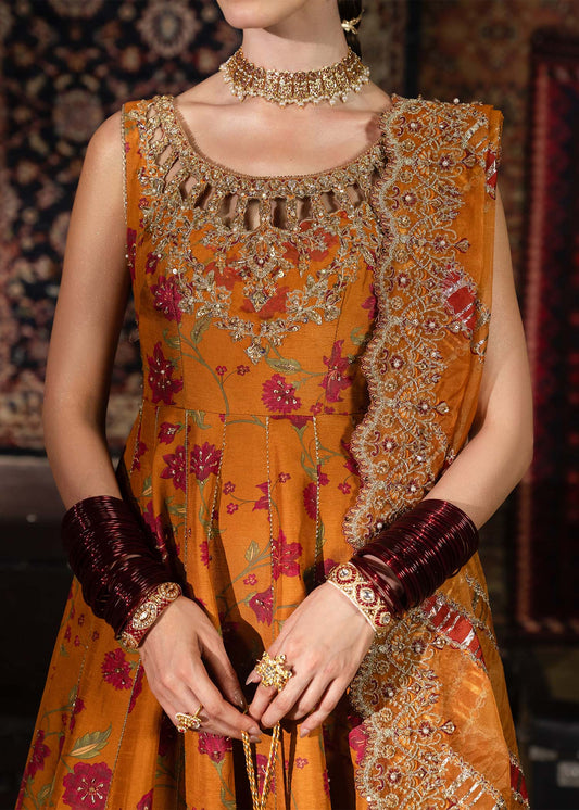 Mehr, made by MAIRAZ — rust pishwas, embroidered neckline close-up