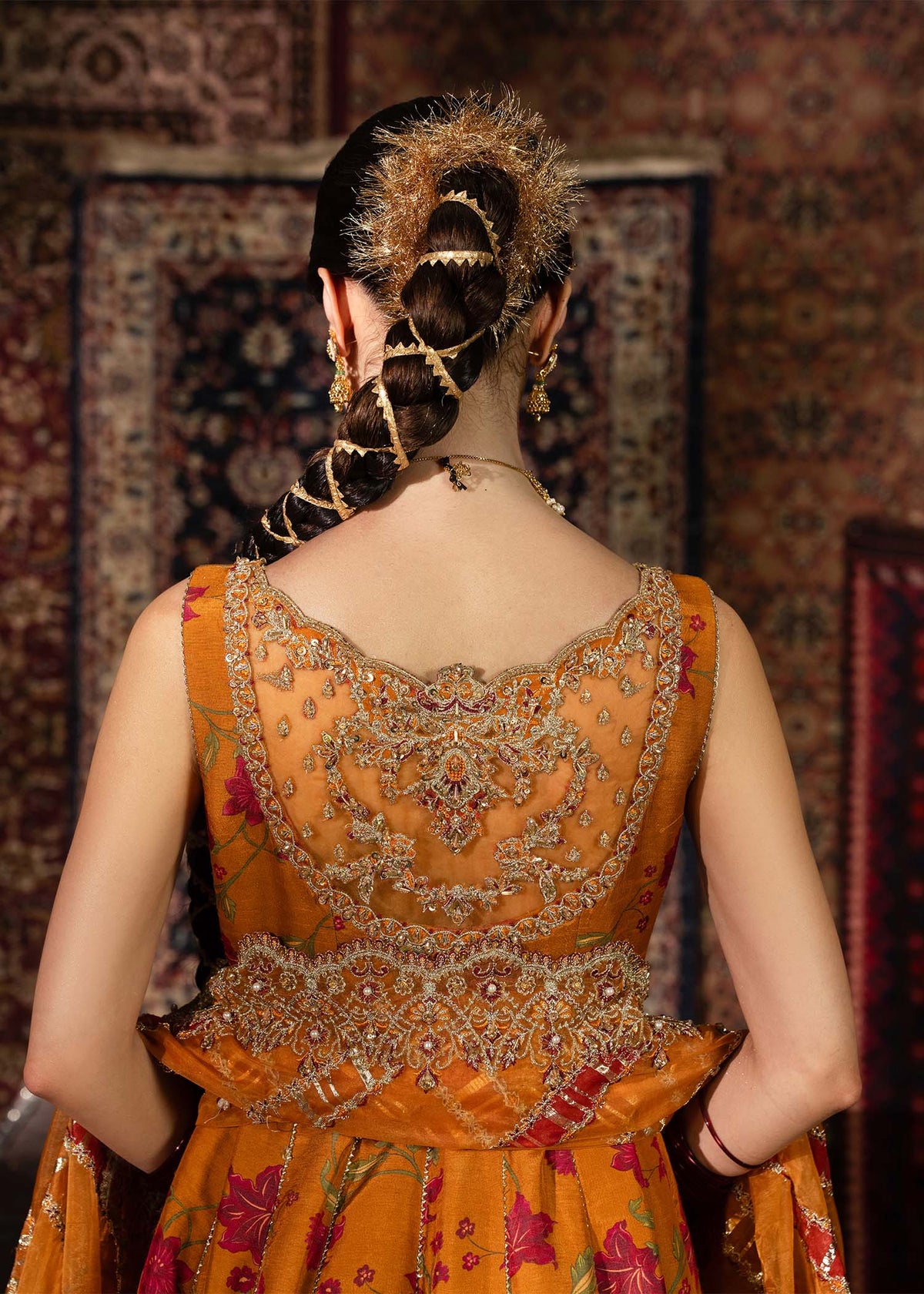 Mehr, made by MAIRAZ — rust pishwas, back neckline and bodice detail