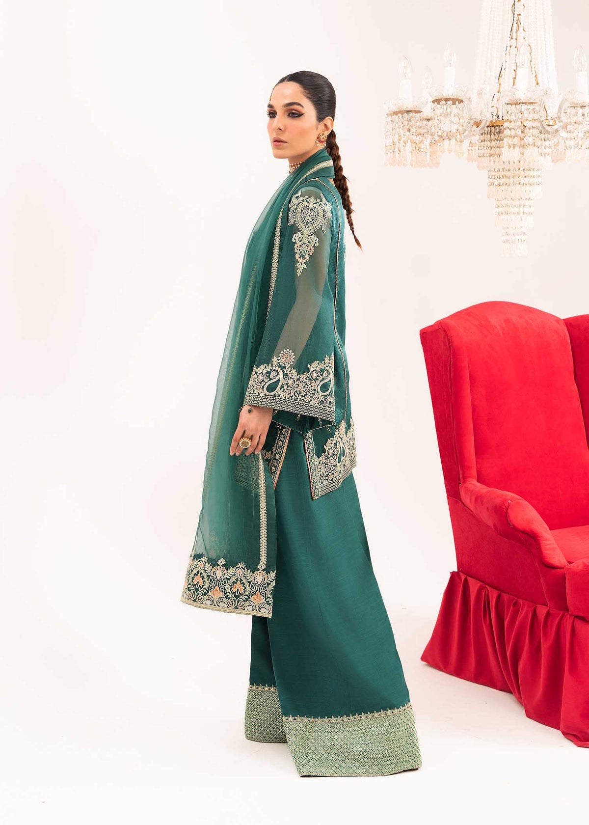 Mehrmaa bottle green shirt suit, reference outfit photograph 8 — Made by Mairaz reproduction