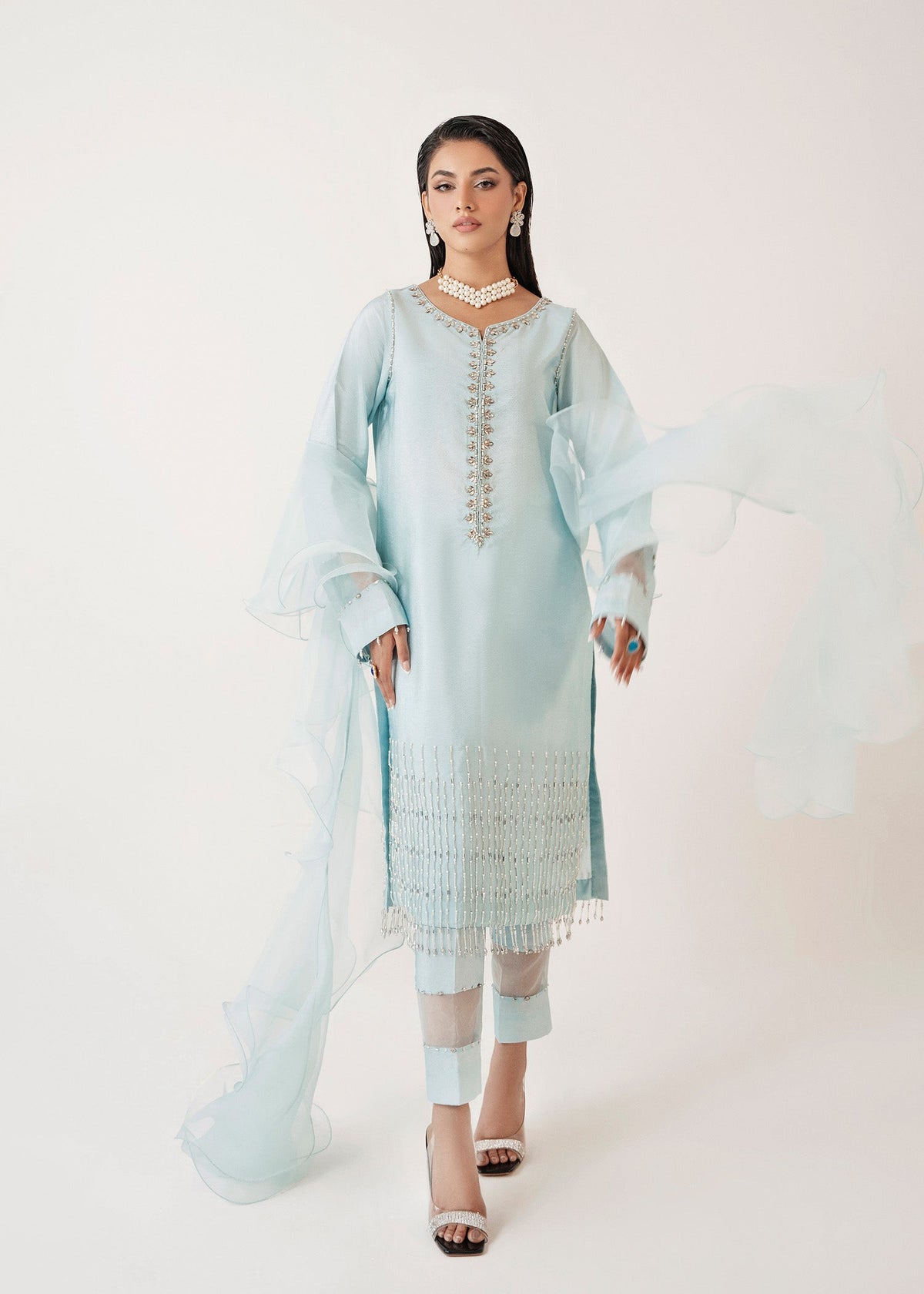Misty ice blue shirt suit, reference outfit photograph 1 — Made by Mairaz reproduction