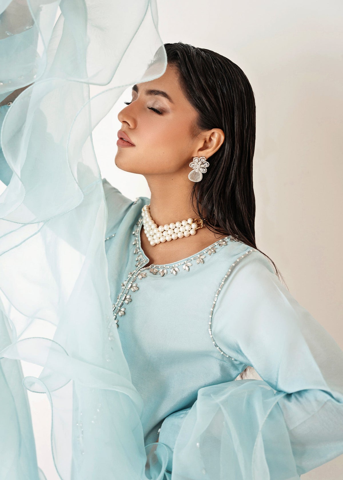Misty ice blue shirt suit, reference outfit photograph 2 — Made by Mairaz reproduction