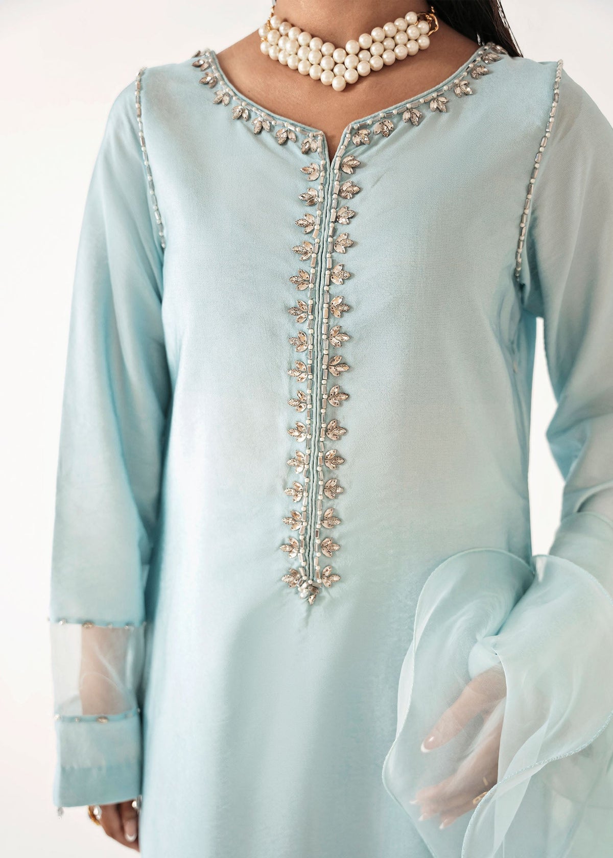 Misty ice blue shirt suit, reference outfit photograph 3 — Made by Mairaz reproduction