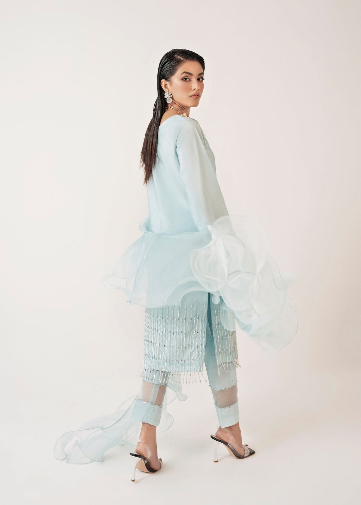 Misty ice blue shirt suit, reference outfit photograph 5 — Made by Mairaz reproduction