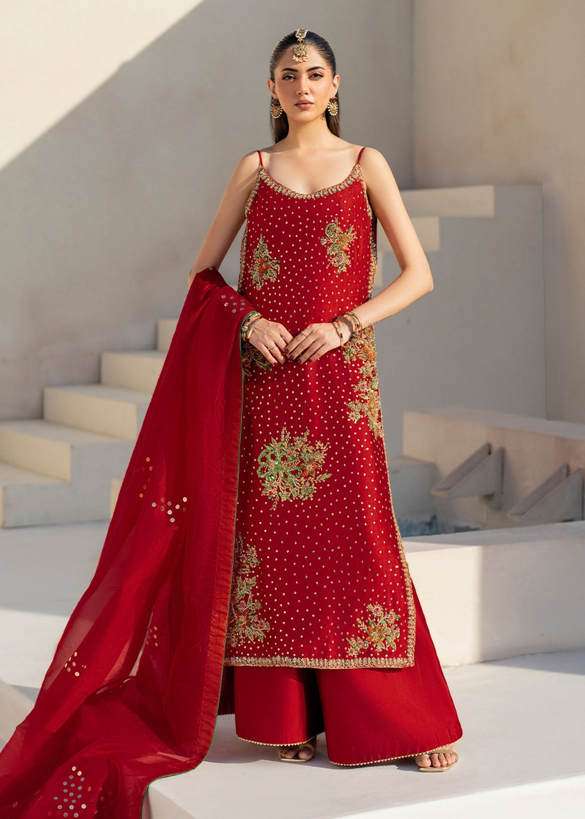 Naira red sharara suit, reference outfit photograph 1 — Made by Mairaz reproduction