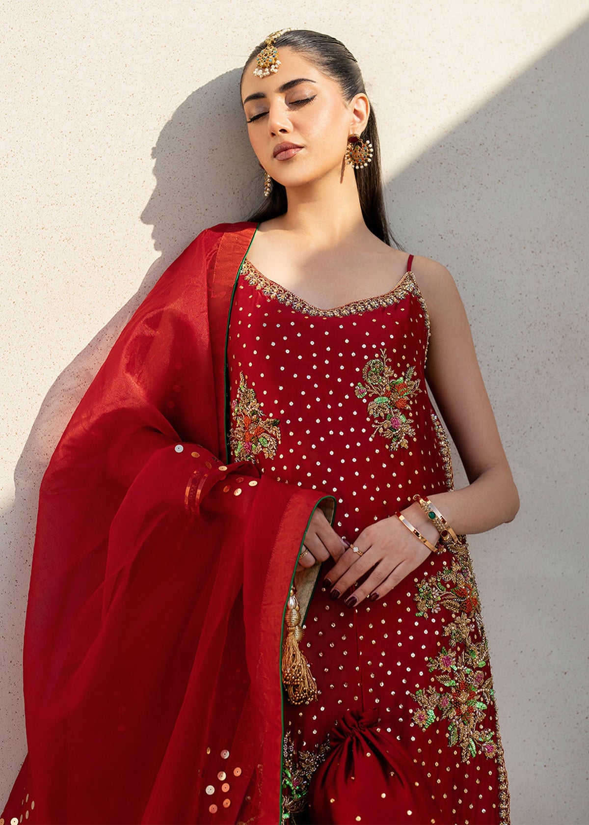 Naira red sharara suit, reference outfit photograph 2 — Made by Mairaz reproduction