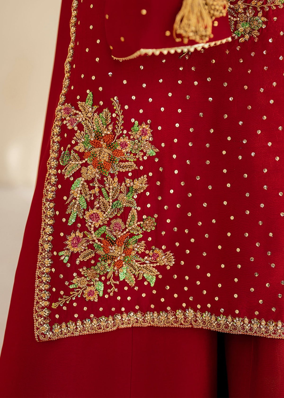 Naira red sharara suit, reference outfit photograph 4 — Made by Mairaz reproduction