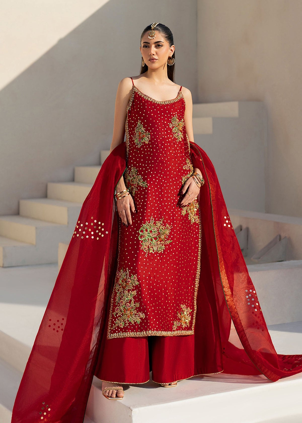 Naira red sharara suit, reference outfit photograph 7 — Made by Mairaz reproduction