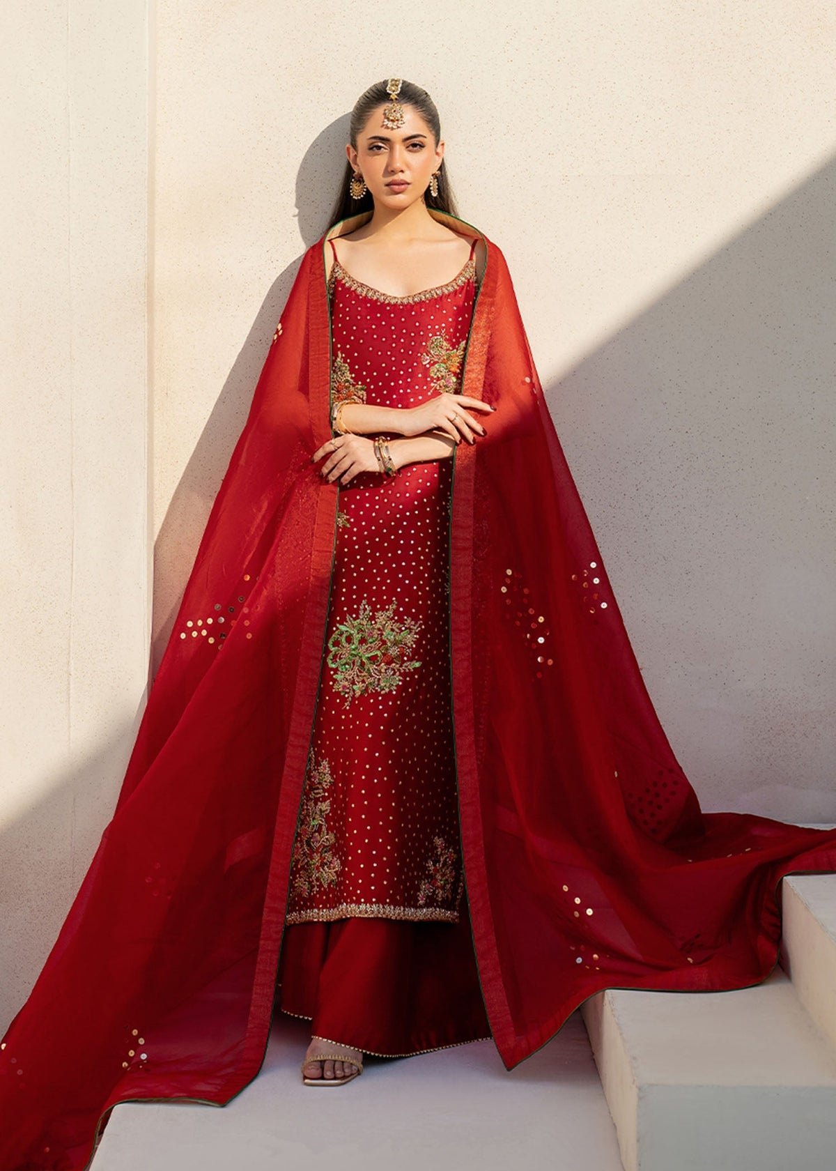 Naira red sharara suit, reference outfit photograph 8 — Made by Mairaz reproduction