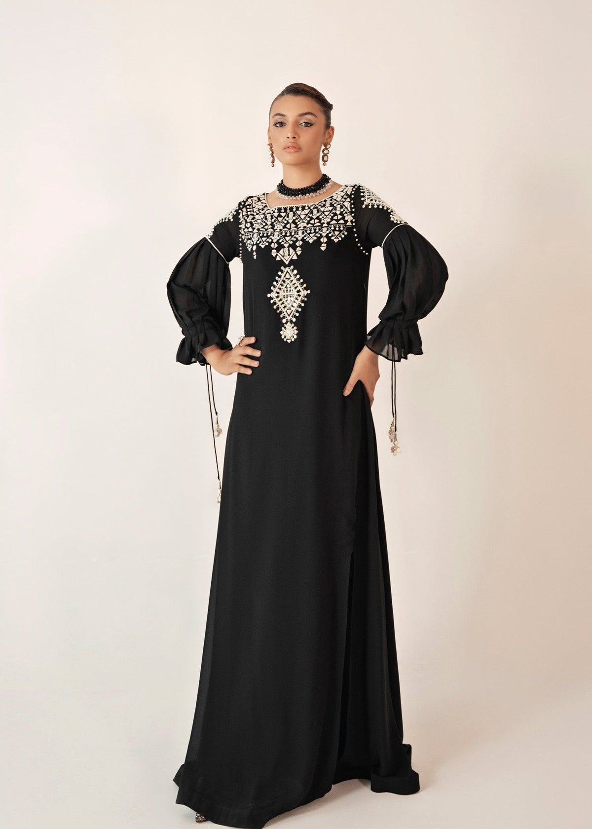 Noir black kaftan, reference outfit photograph 1 — Made by Mairaz reproduction
