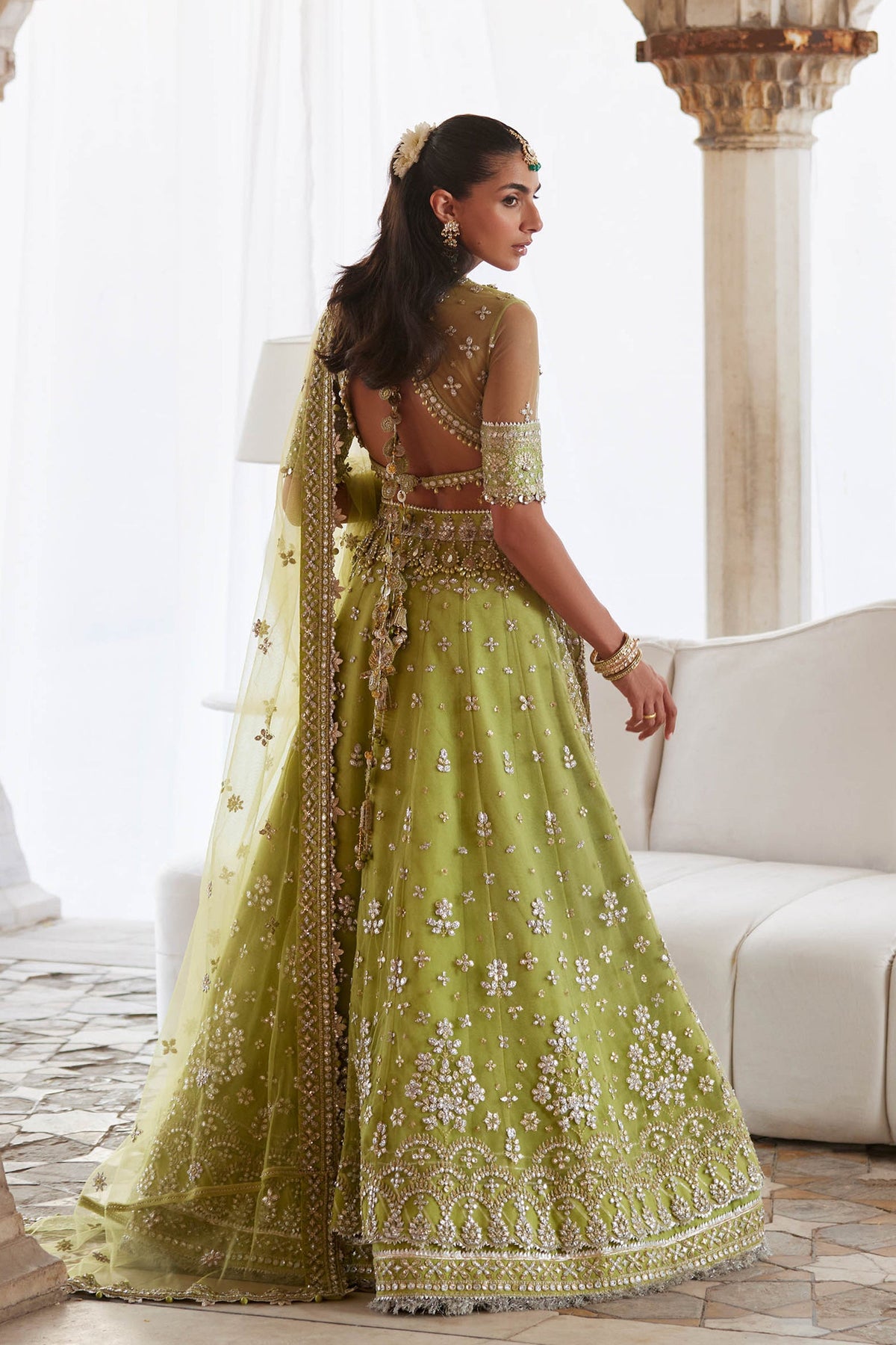 Zaha Noore Sitara Style by Mairaz lime green wedding lehenga back view