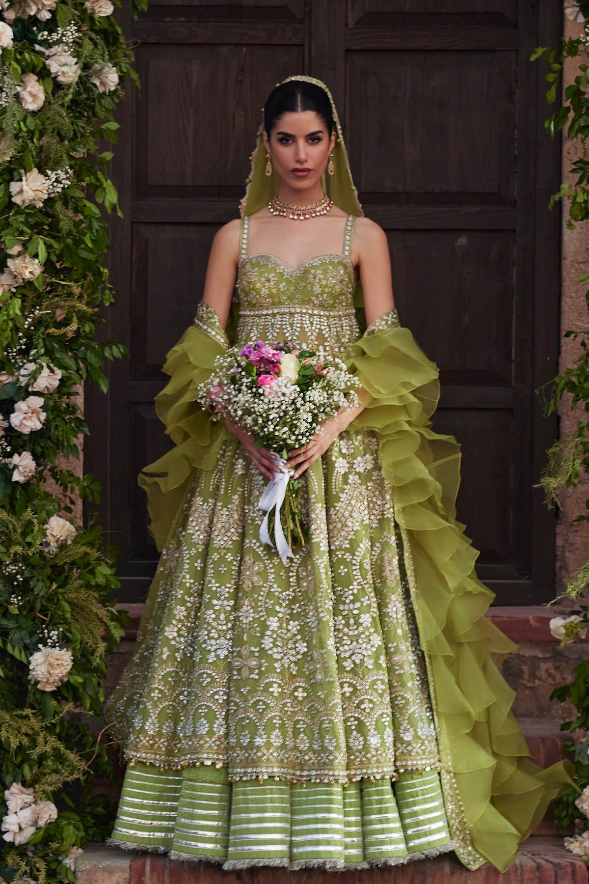 Zaha Noore Sitara Style by Mairaz lime green wedding lehenga full view