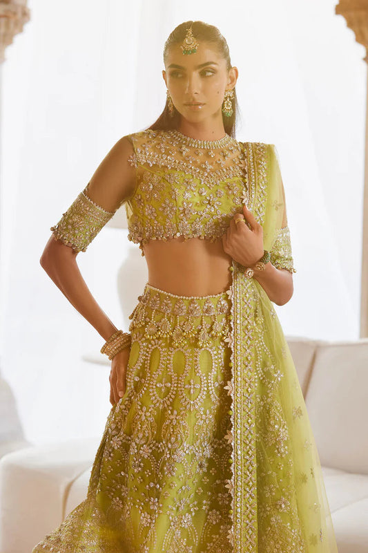 Zaha Noore Sitara Style by Mairaz embellished lime green blouse and lehenga close view