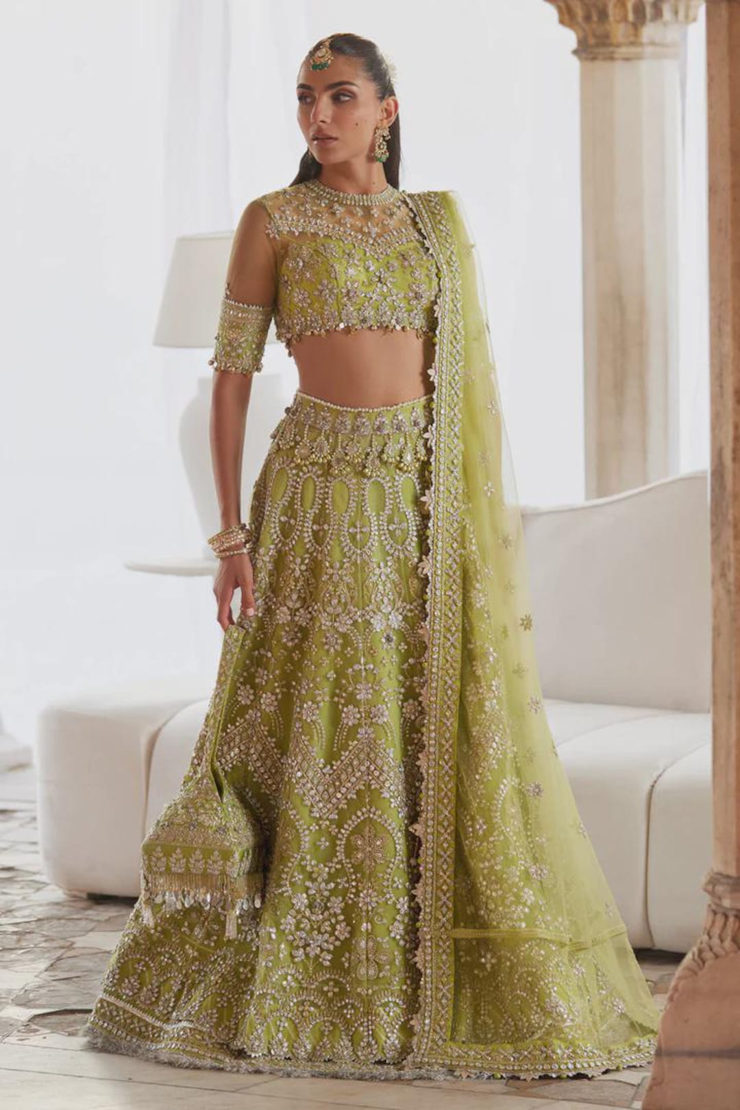 Zaha Noore Sitara Style by Mairaz lime green mirror work lehenga front view