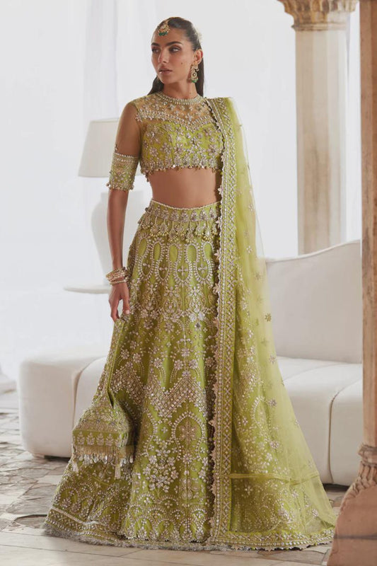 Zaha Noore Sitara Style by Mairaz lime green mirror work lehenga front view