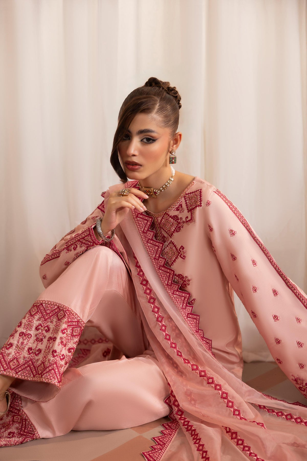 Nuvia, made by MAIRAZ — seated dupatta view, design reference