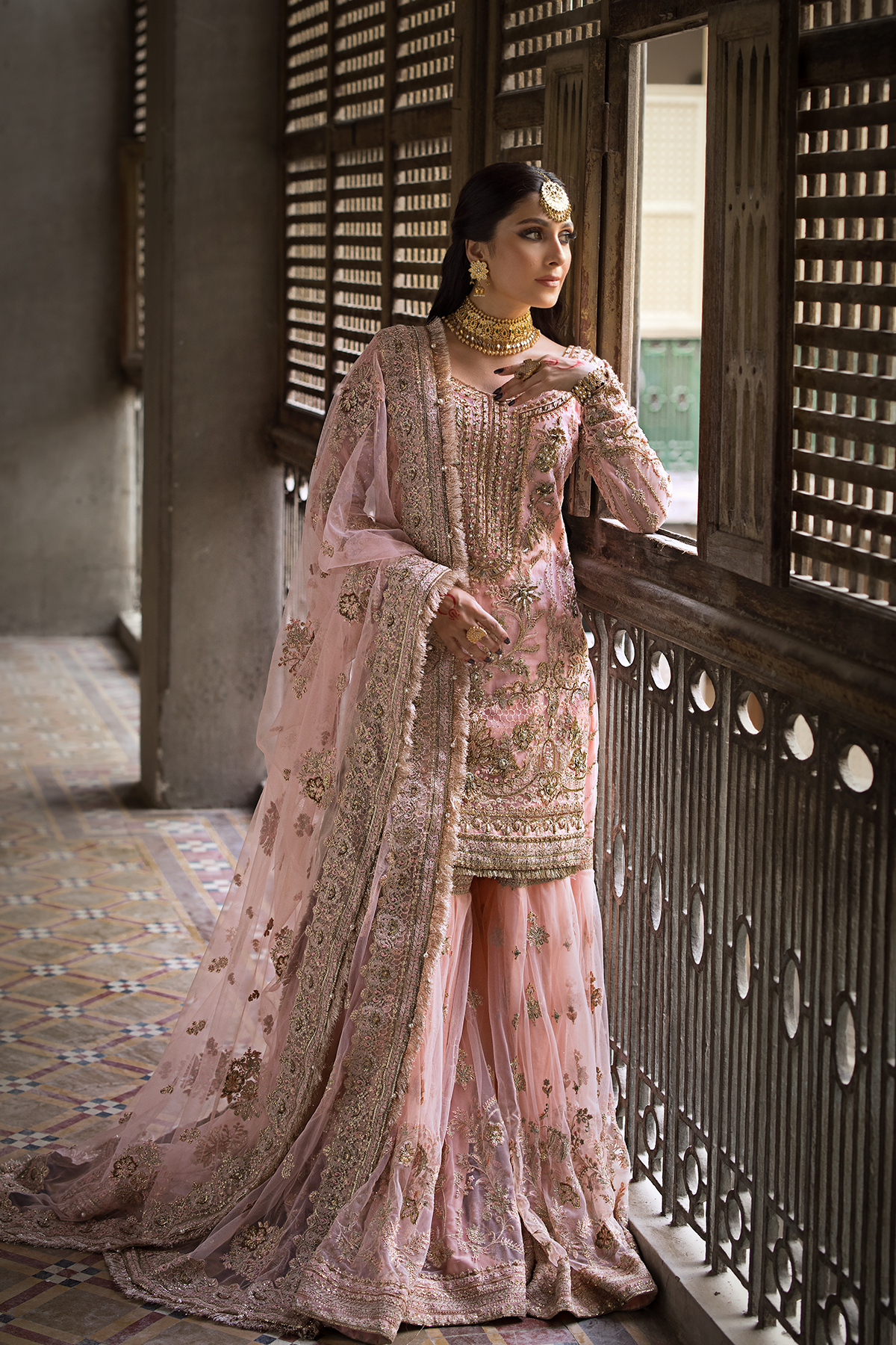 Sahiba — tea pink embroidered shirt, gharara and sheer dupatta, full outfit; Made by Mairaz reproduction reference