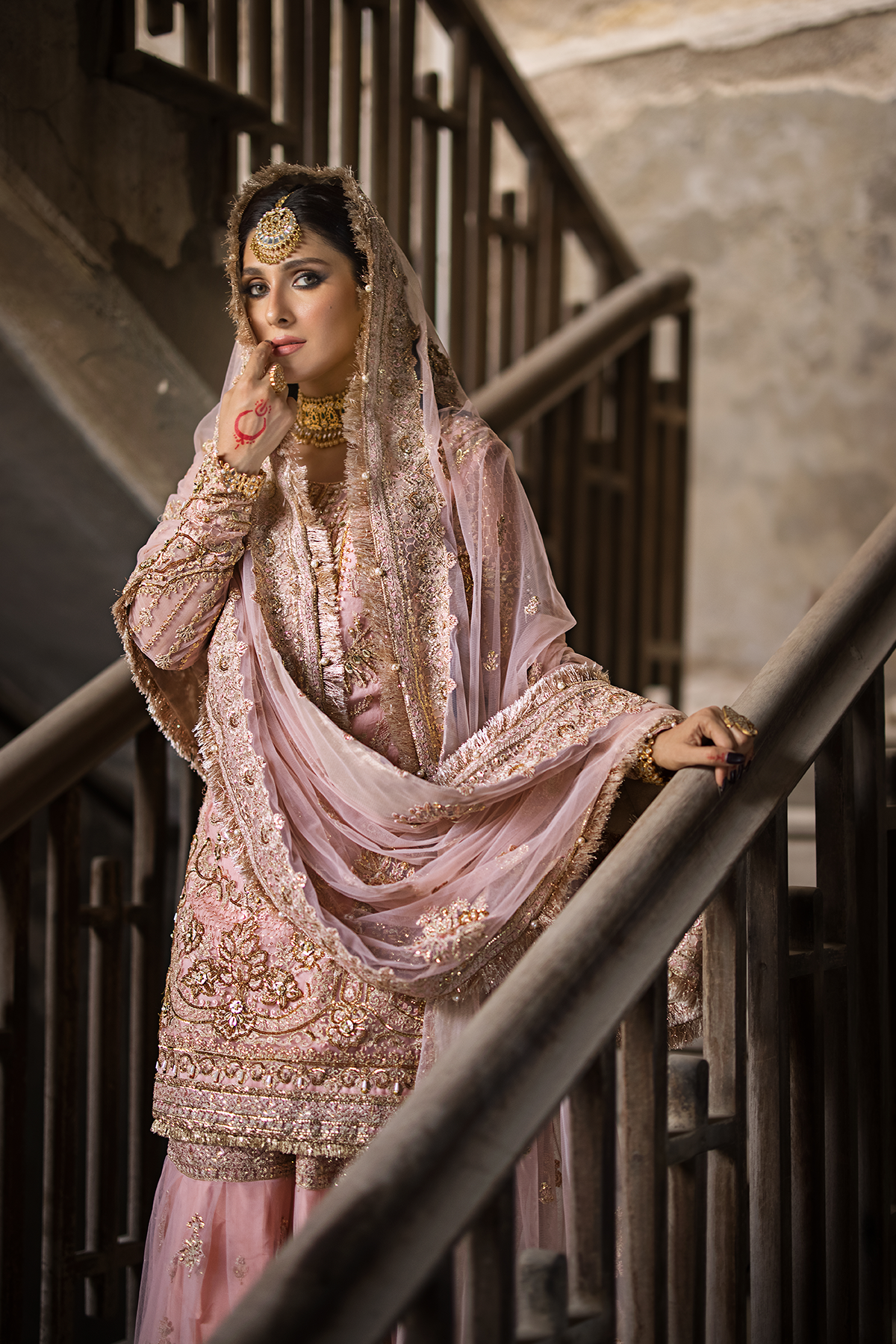 Sahiba — tea pink embroidered shirt, gharara and sheer dupatta, design view 10; Made by Mairaz reproduction reference