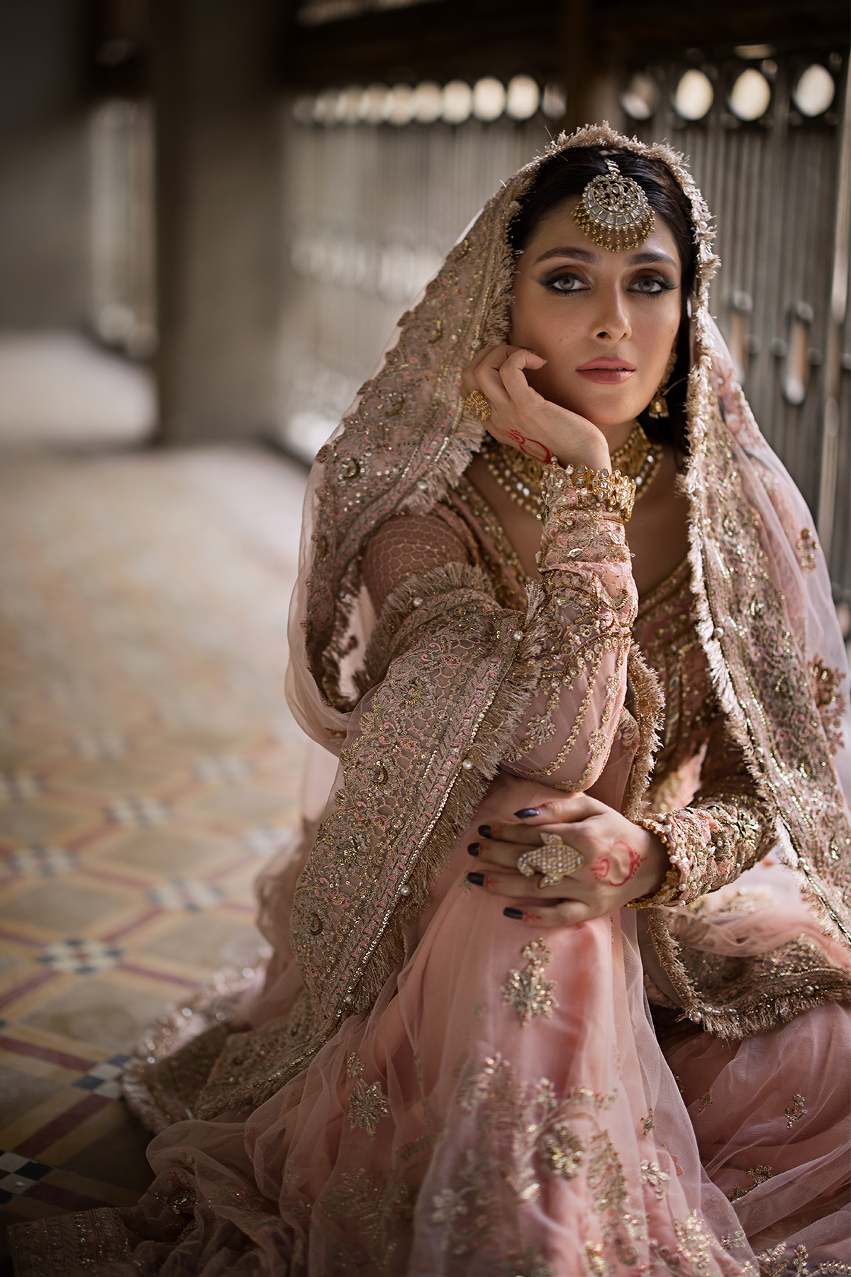 Sahiba — tea pink embroidered shirt, gharara and sheer dupatta, design view 11; Made by Mairaz reproduction reference