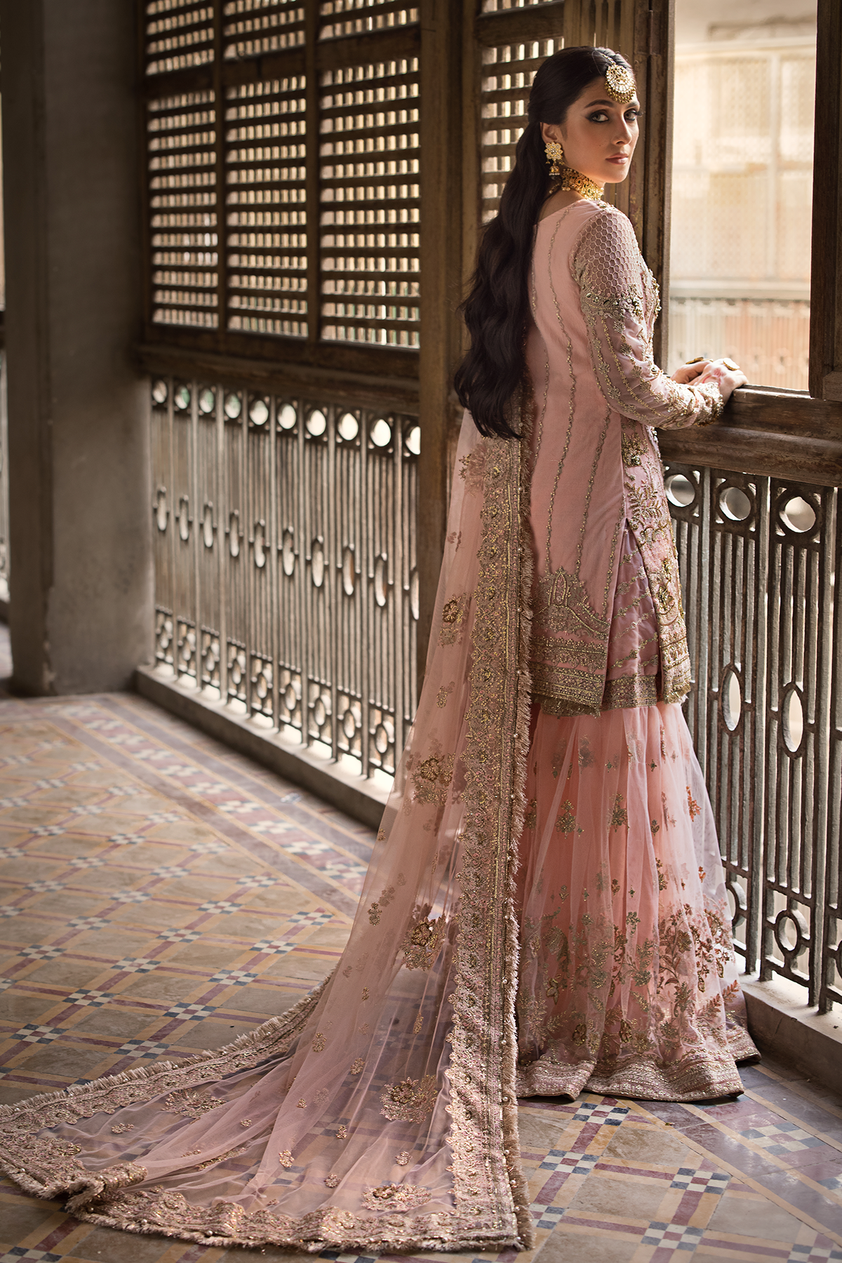 Sahiba — tea pink embroidered shirt, gharara and sheer dupatta, design view 2; Made by Mairaz reproduction reference