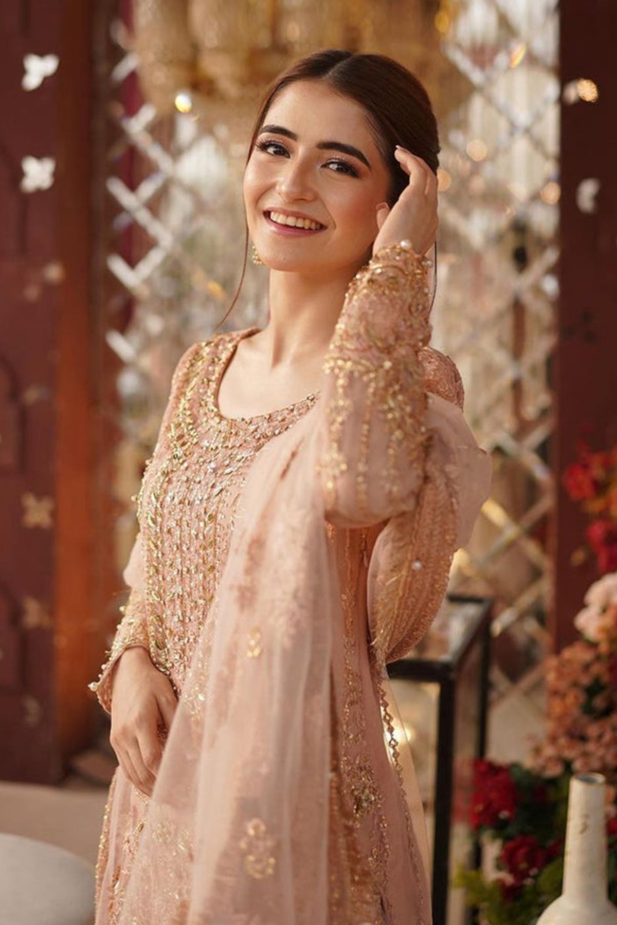 Sahiba — tea pink embroidered shirt, gharara and sheer dupatta, design view 3; Made by Mairaz reproduction reference