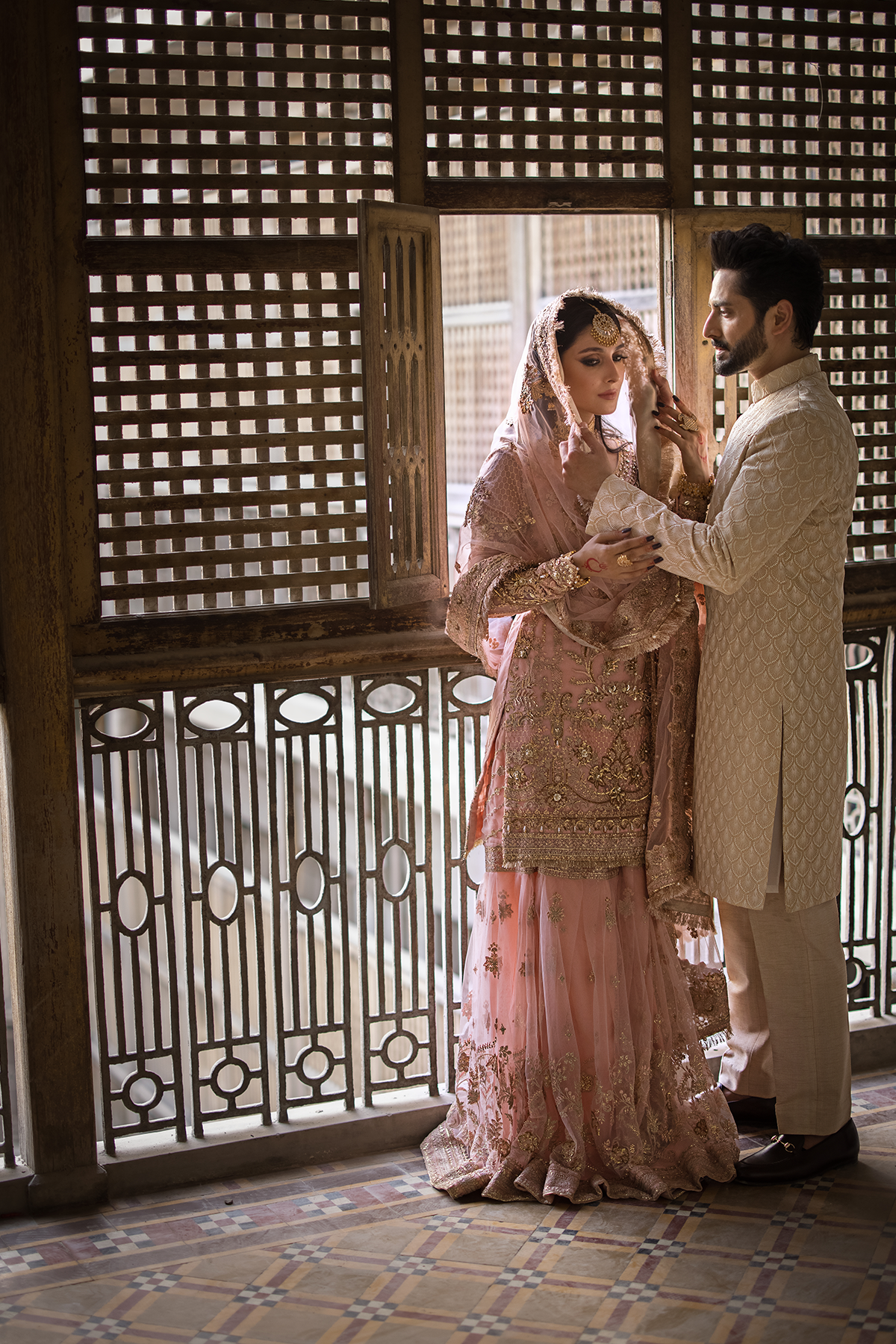 Sahiba — tea pink embroidered shirt, gharara and sheer dupatta, design view 4; Made by Mairaz reproduction reference