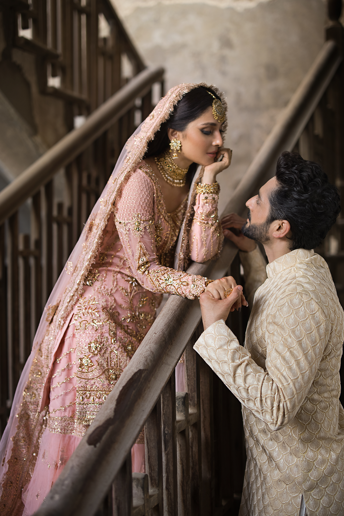 Sahiba — tea pink embroidered shirt, gharara and sheer dupatta, design view 5; Made by Mairaz reproduction reference