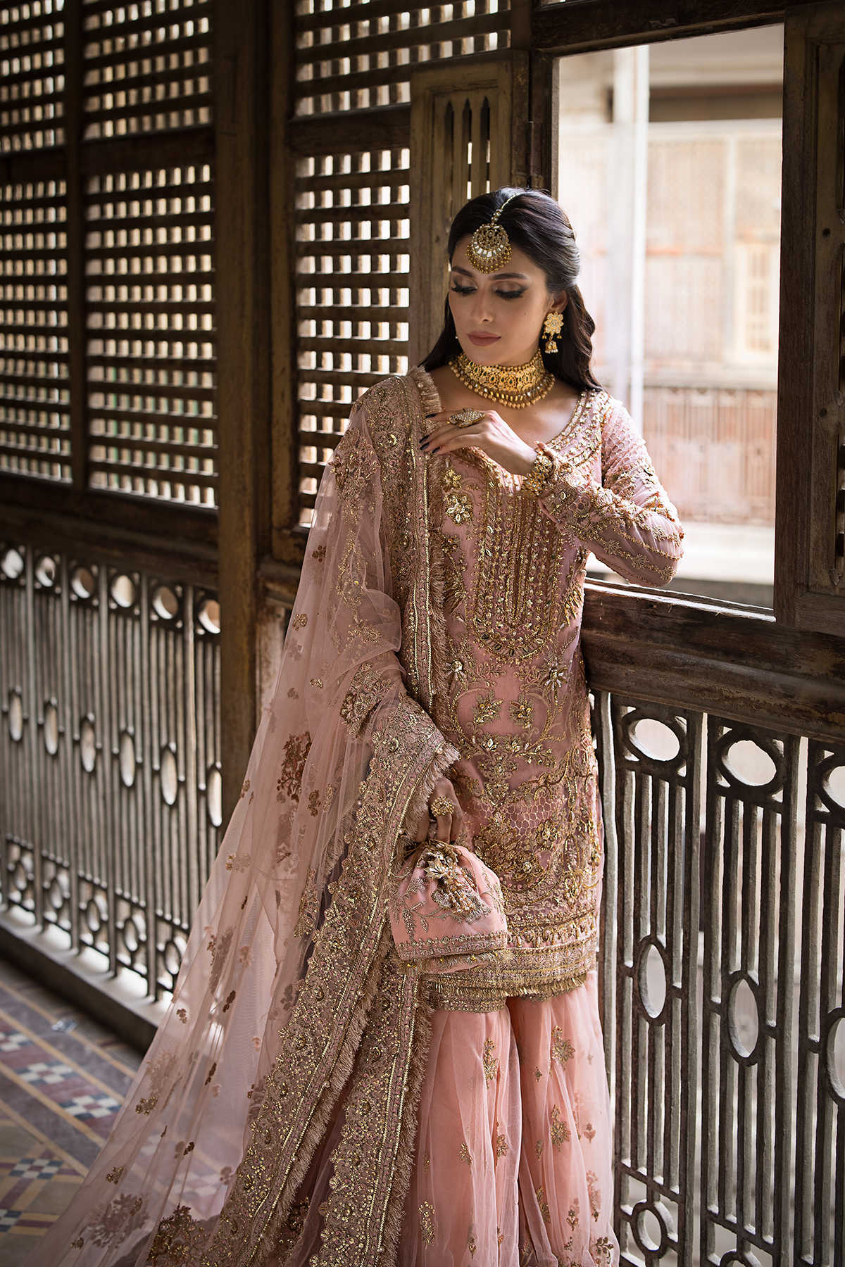 Sahiba — tea pink embroidered shirt, gharara and sheer dupatta, design view 6; Made by Mairaz reproduction reference