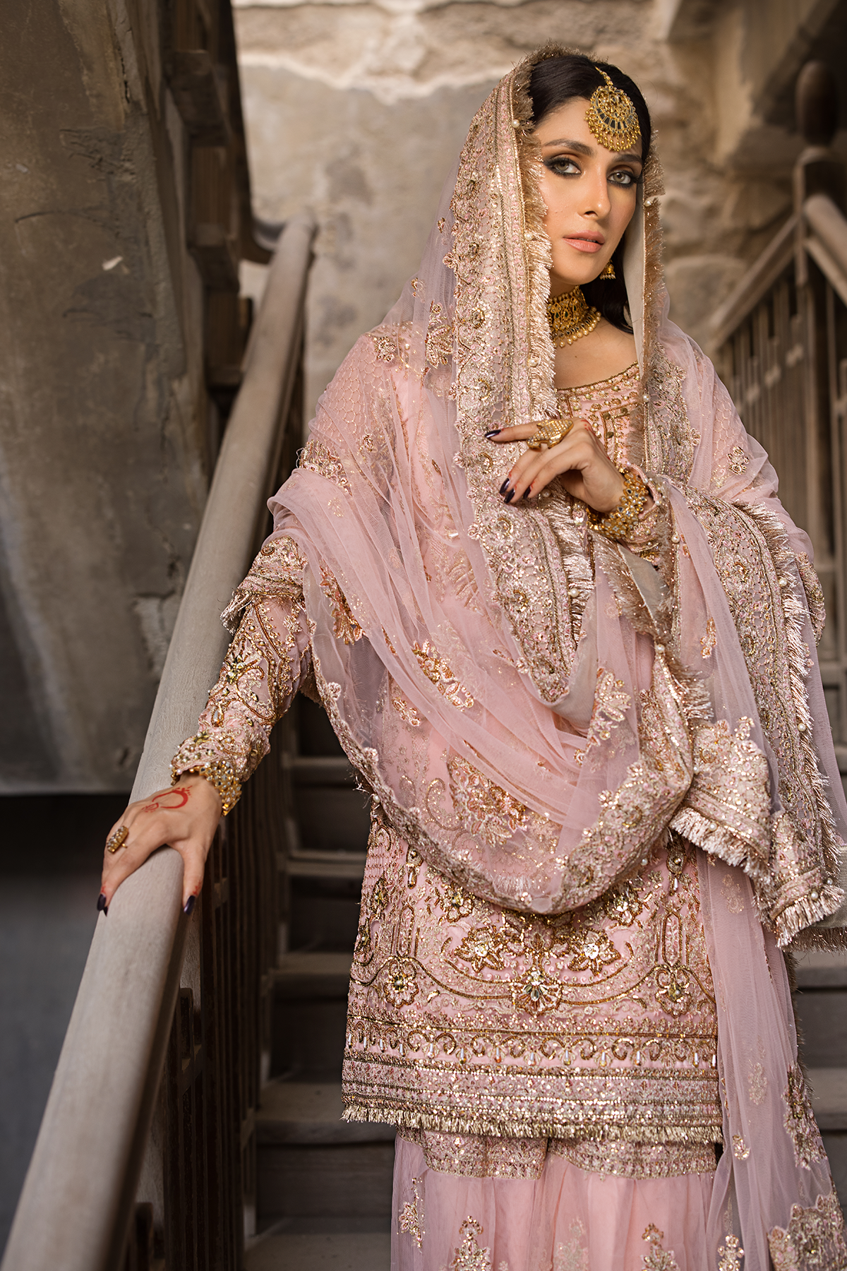 Sahiba — tea pink embroidered shirt, gharara and sheer dupatta, design view 7; Made by Mairaz reproduction reference