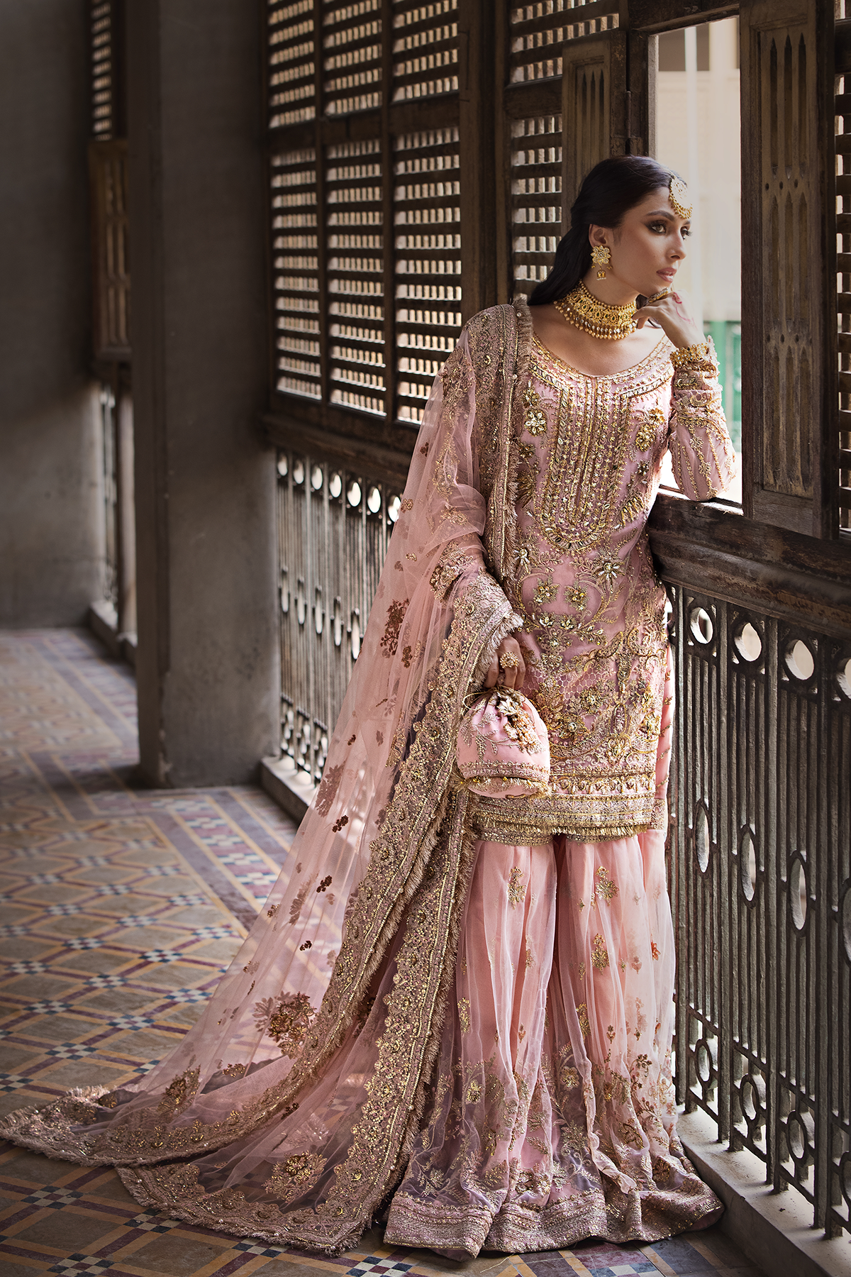 Sahiba — tea pink embroidered shirt, gharara and sheer dupatta, design view 8; Made by Mairaz reproduction reference