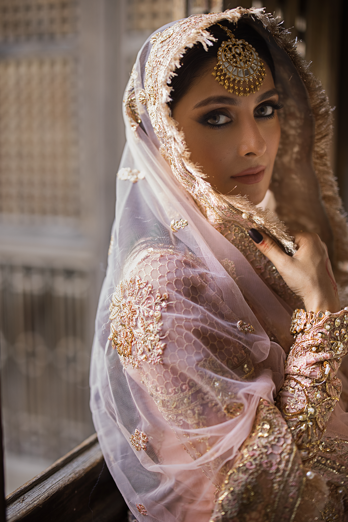 Sahiba — tea pink embroidered shirt, gharara and sheer dupatta, design view 9; Made by Mairaz reproduction reference