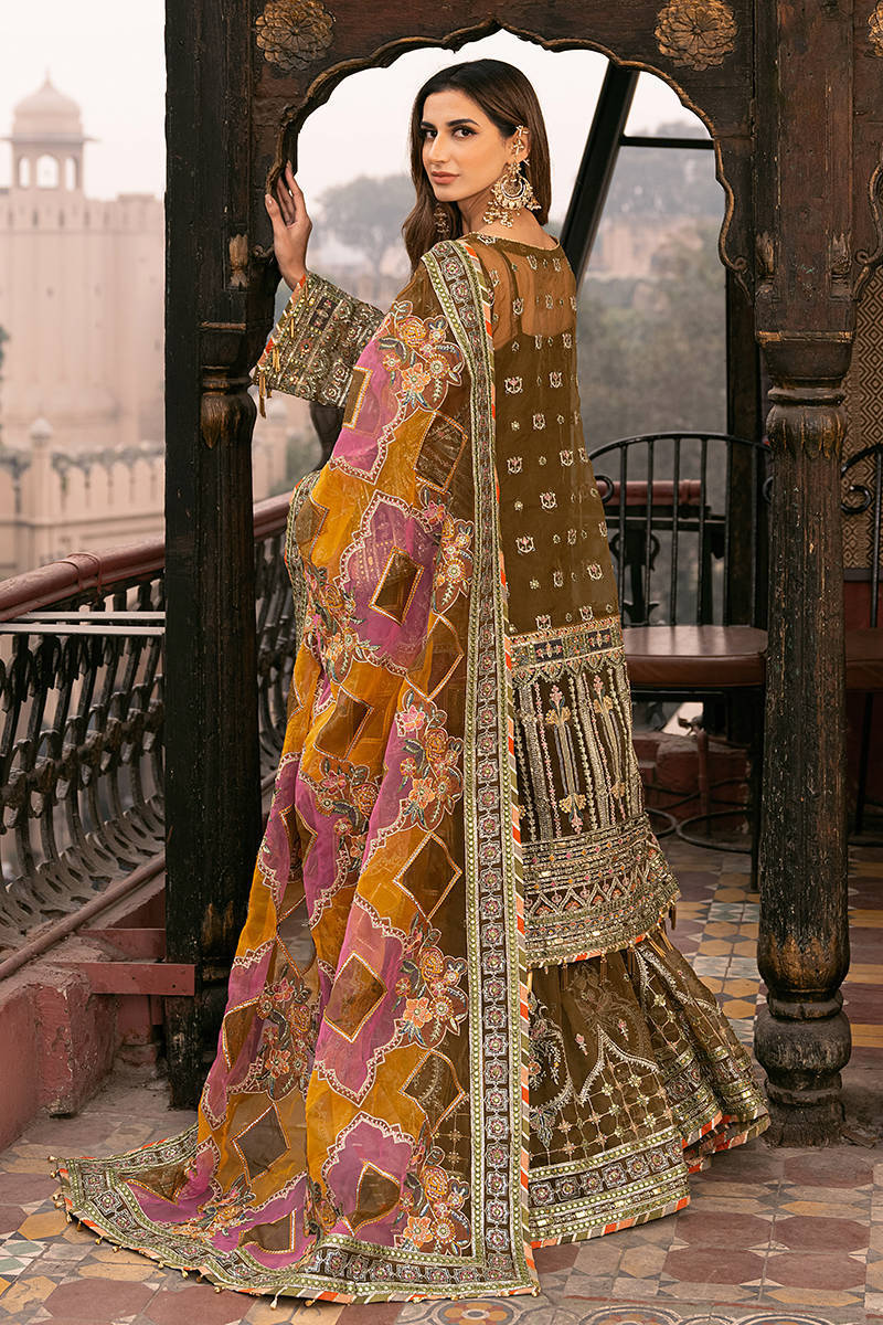 Viraas — moss green embroidered organza shirt, flared bottom and multicolour dupatta, design view 10; Made by Mairaz reproduction reference