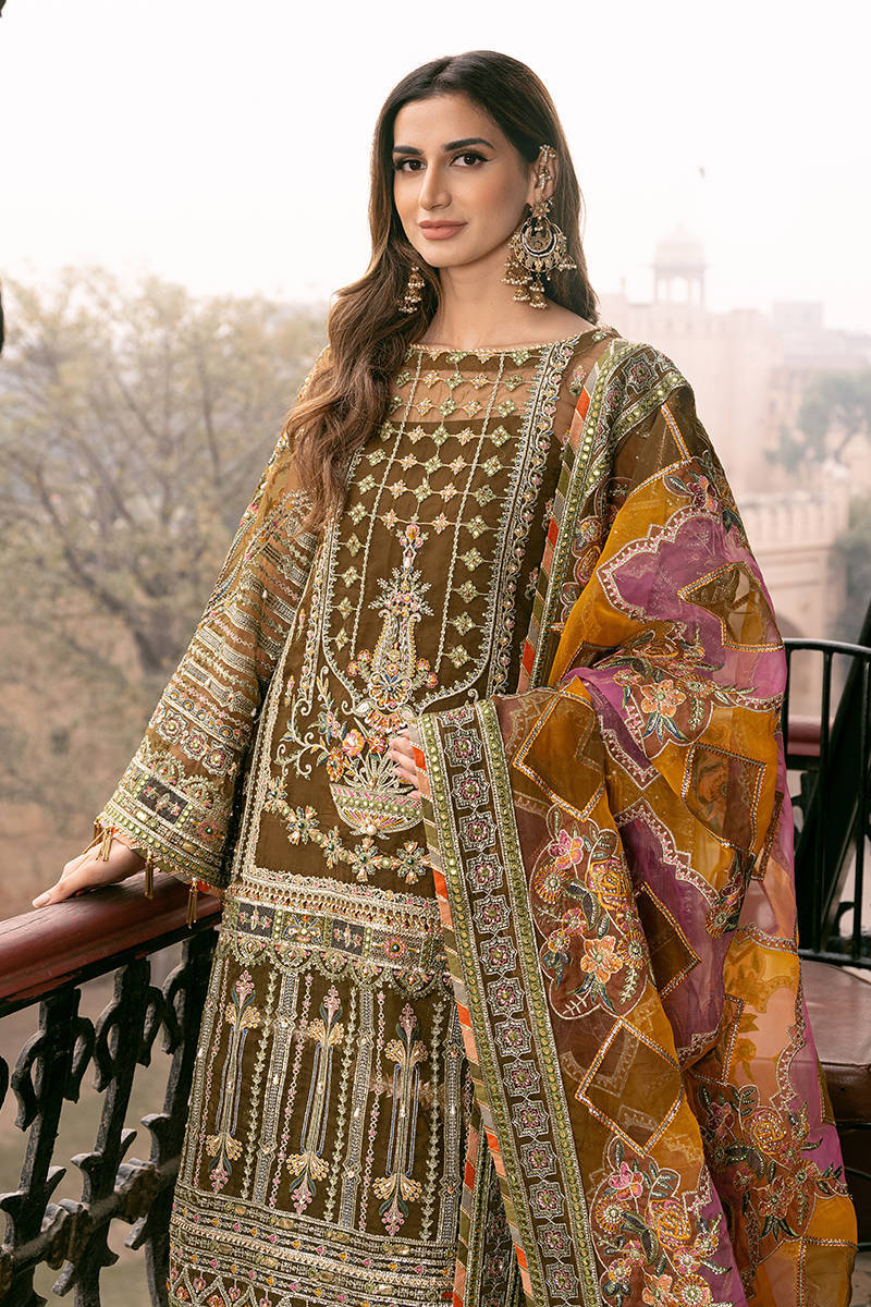 Viraas — moss green embroidered organza shirt, flared bottom and multicolour dupatta, design view 11; Made by Mairaz reproduction reference