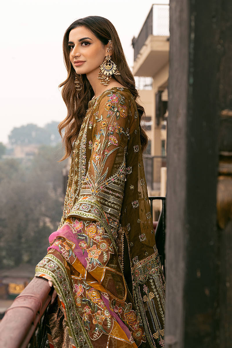 Viraas — moss green embroidered organza shirt, flared bottom and multicolour dupatta, design view 12; Made by Mairaz reproduction reference