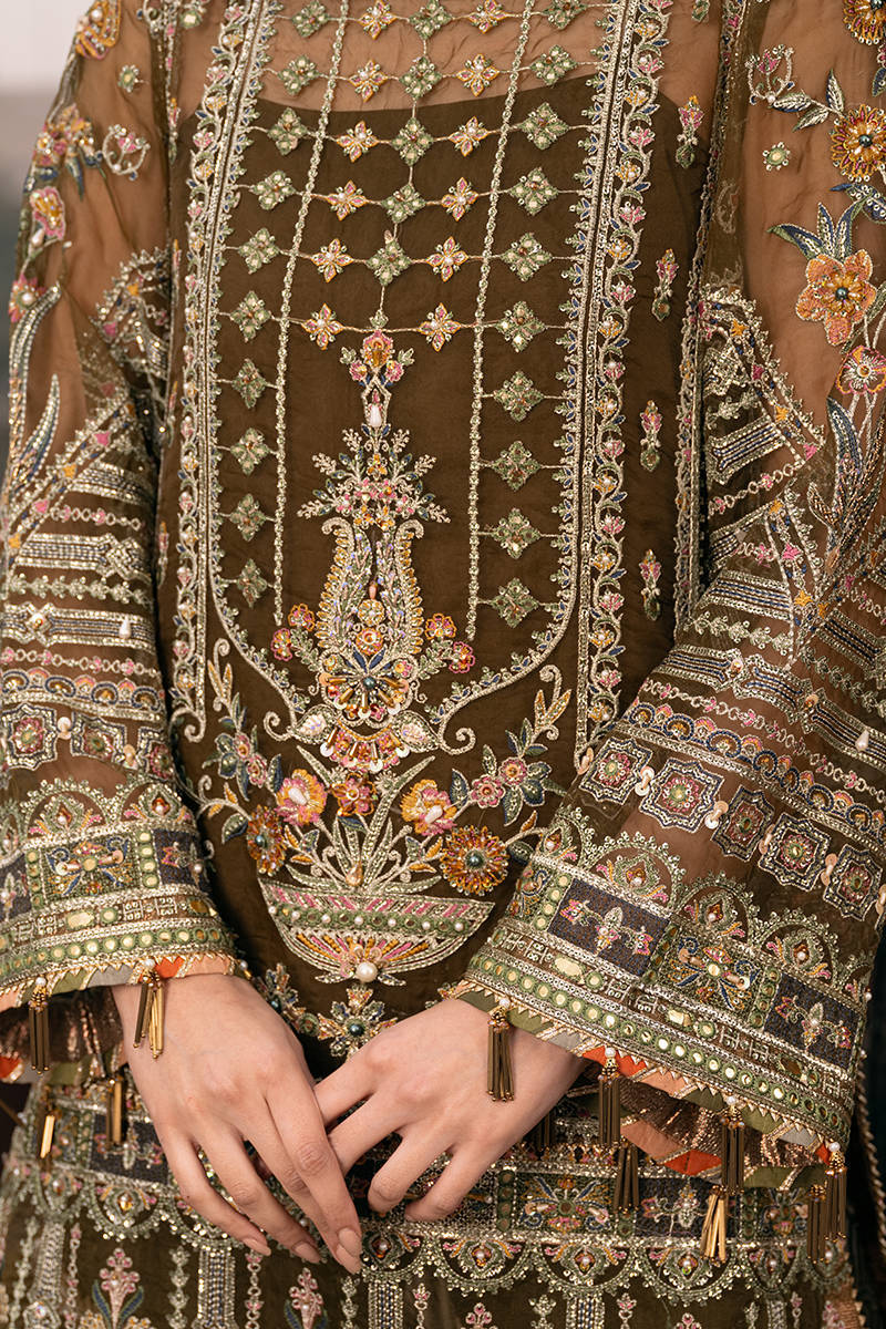 Viraas — moss green embroidered organza shirt, flared bottom and multicolour dupatta, design view 13; Made by Mairaz reproduction reference