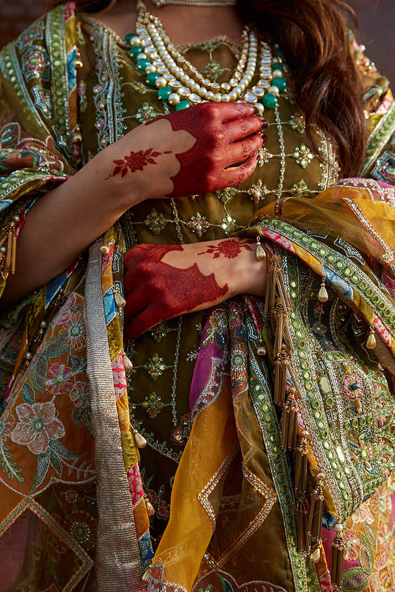 Viraas — moss green embroidered organza shirt, flared bottom and multicolour dupatta, design view 7; Made by Mairaz reproduction reference