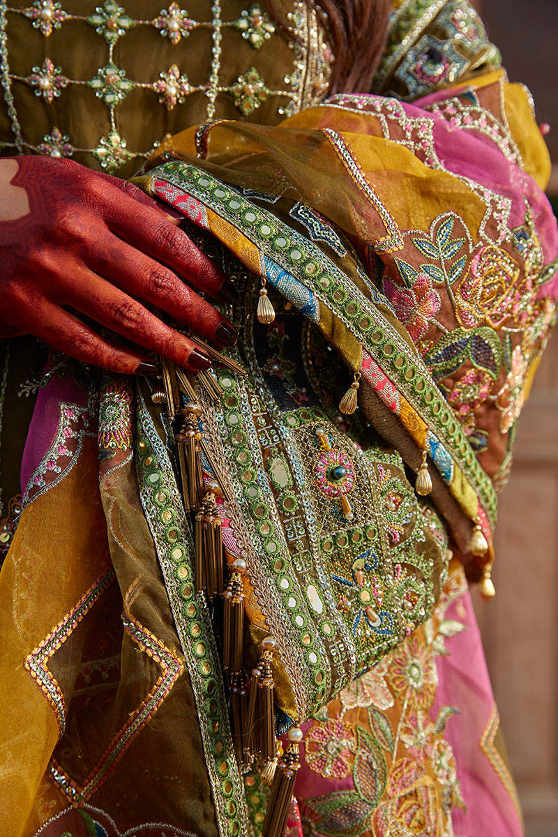 Viraas — moss green embroidered organza shirt, flared bottom and multicolour dupatta, design view 8; Made by Mairaz reproduction reference