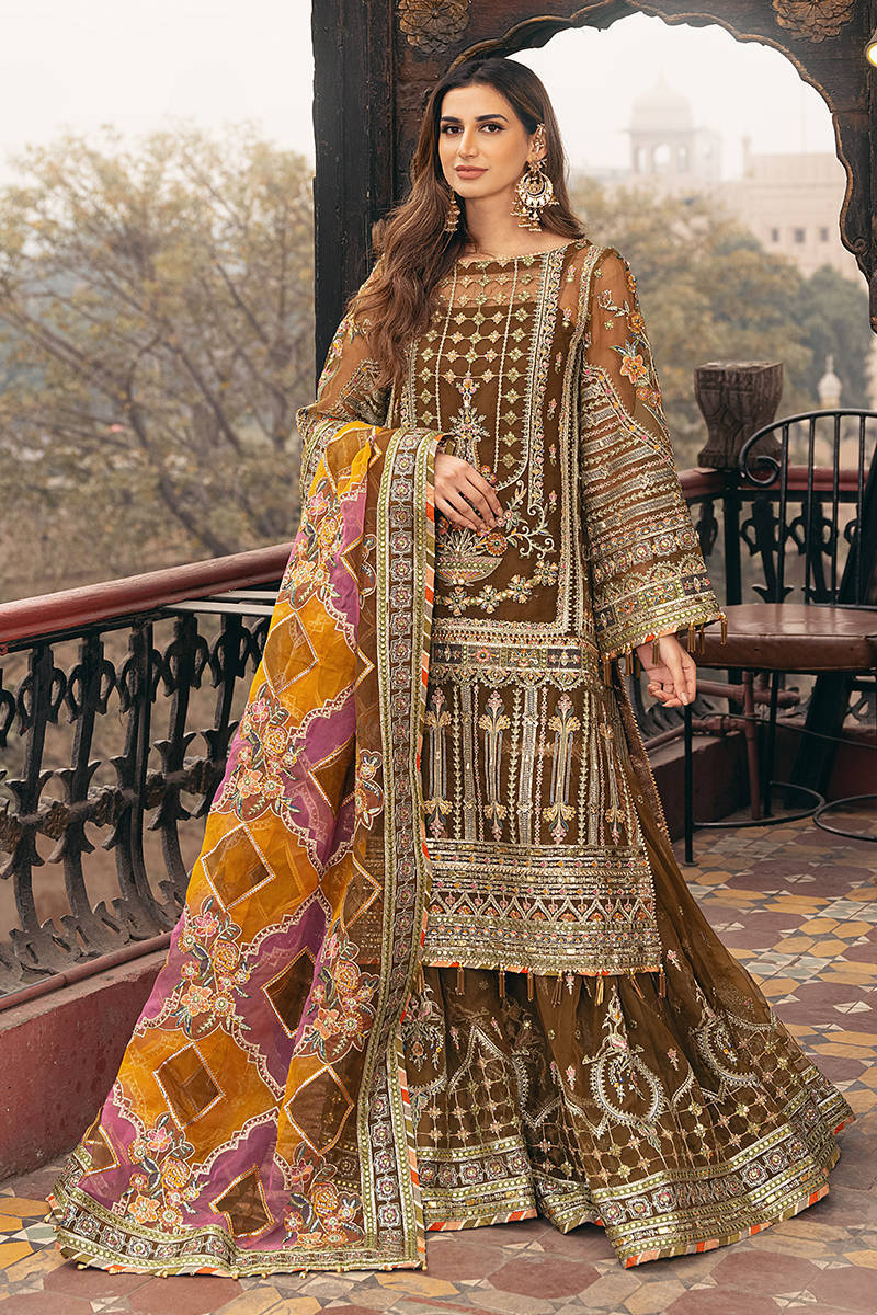 Viraas — moss green embroidered organza shirt, flared bottom and multicolour dupatta, design view 9; Made by Mairaz reproduction reference