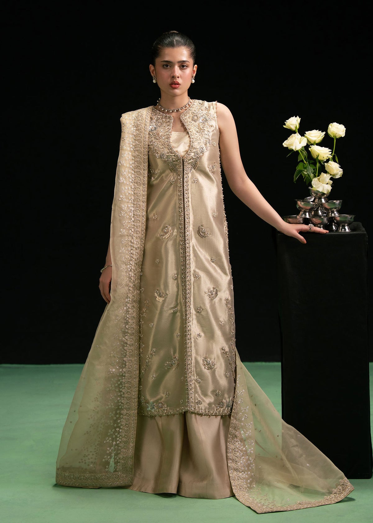 Ophira gold beige open shirt suit, reference outfit photograph 1 — Made by Mairaz reproduction