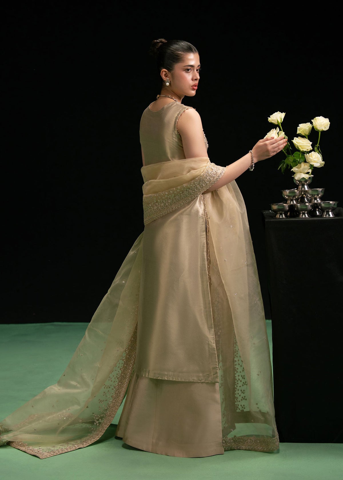 Ophira gold beige open shirt suit, reference outfit photograph 3 — Made by Mairaz reproduction